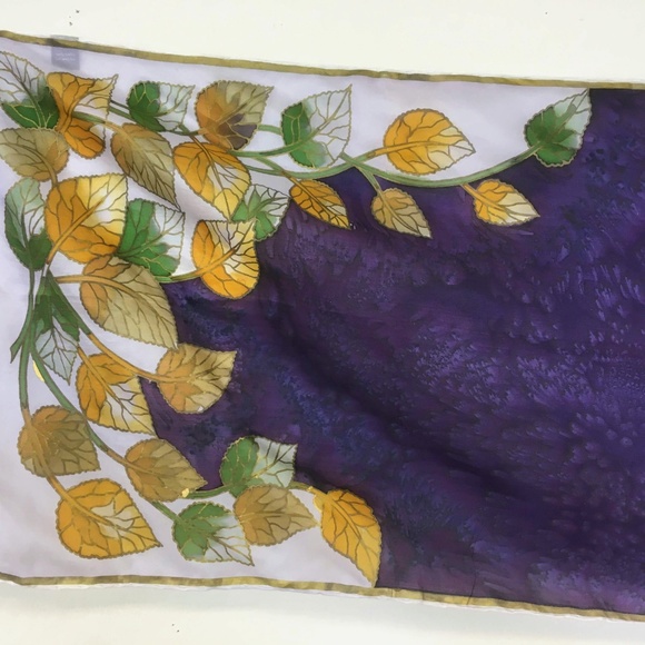 3/$50! Trade Routes Silk Scarf Long w Gold Leaves - Picture 2 of 5